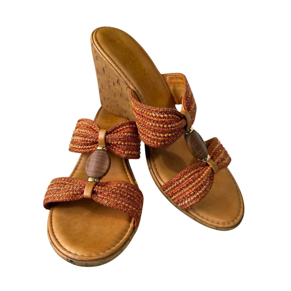 Italian Shoemakers Boho Beaded Wedge Sandals Metallic Y2K Coastal Hippie SZ 10